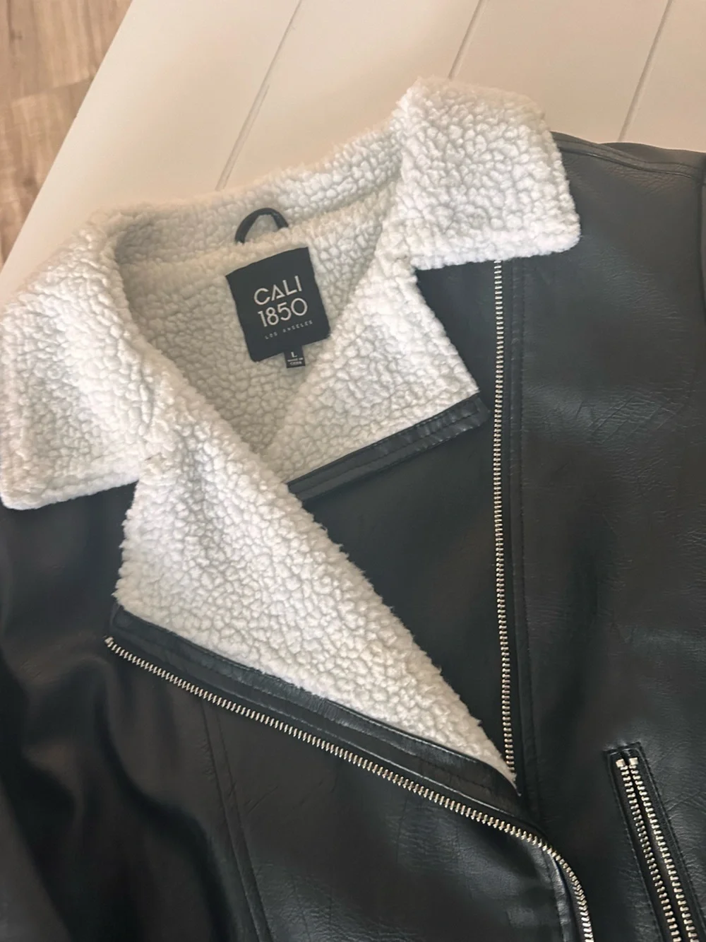 Black Faux Leather Moto Jacket with White Sherpa Collar